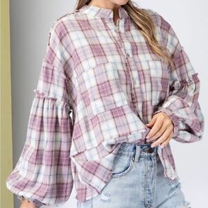 Easel Purple and White Plaid Blouse